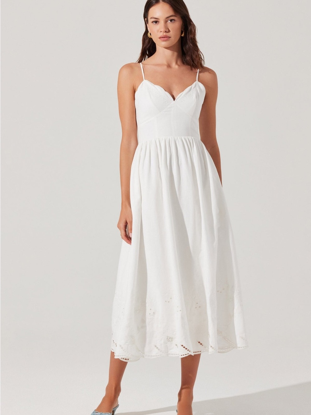 White Eyelet Midi Sundress with Scalloped Bodice - Picture 4 of 10